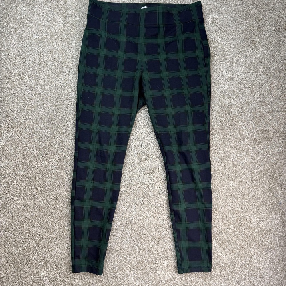 LOFT Leggings Womens Large Green Plaid Knit Ankle Stretch Pants Casual Work